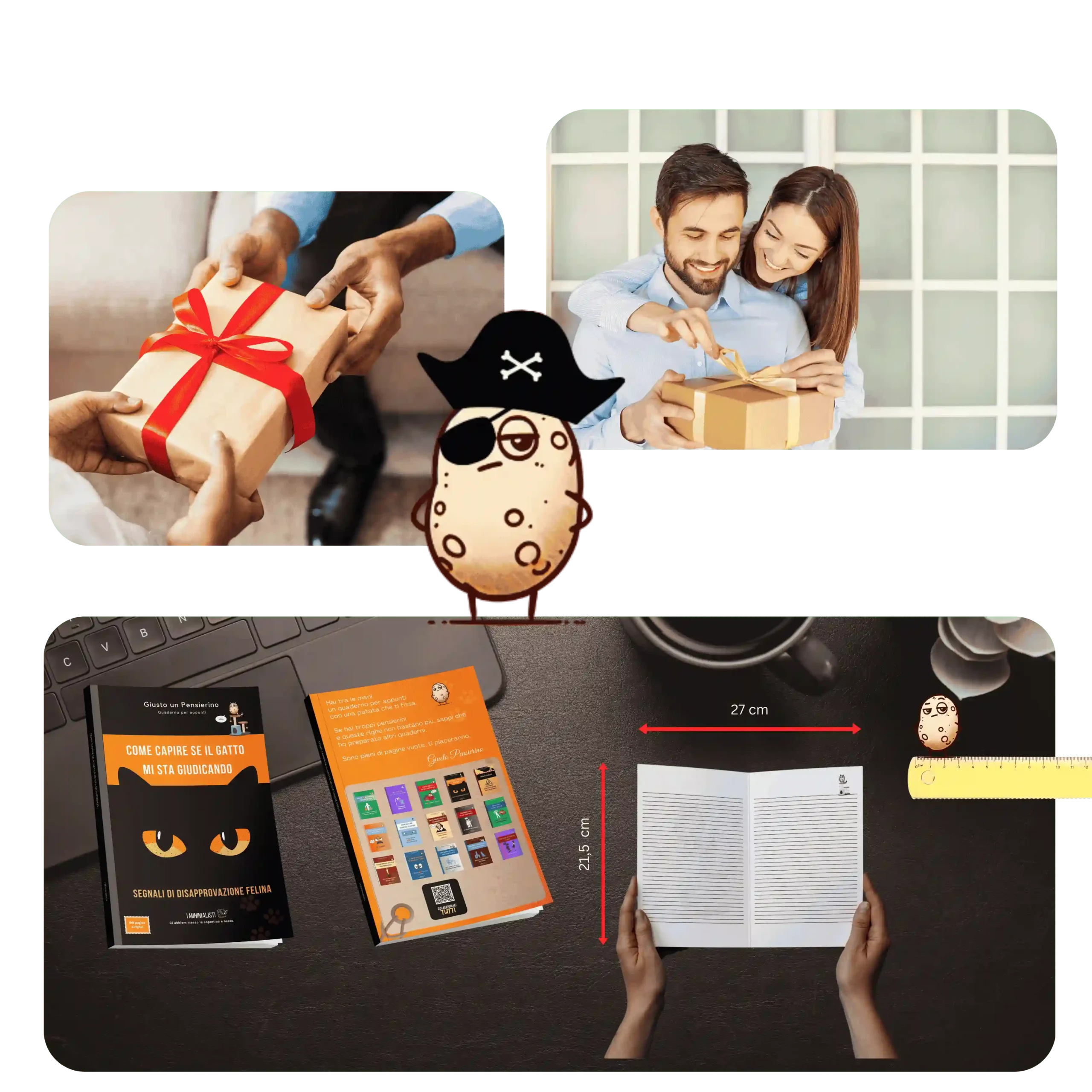 Collage che illustra come i Quaderni della Patata siano un regalo perfetto